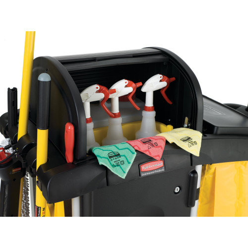 Rubbermaid Commercial High Security Housekeeping Janitorial Cart with Wheels, Yellow Vinyl Bag, Locking Hood and Cabinets for Commercial Facility/Hotel/Stadium/School/Office