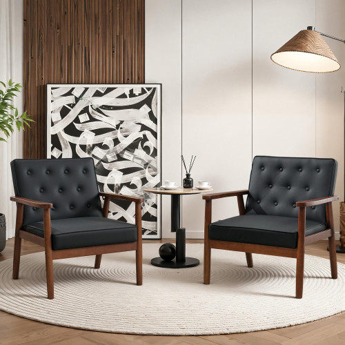 STHOUYN Black Leather Accent Chairs Set of 2, Waiting Room Chairs with Wood Arms, Office Guest Arm Chair, Mid Century Modern Living Room Chair (2, Black)