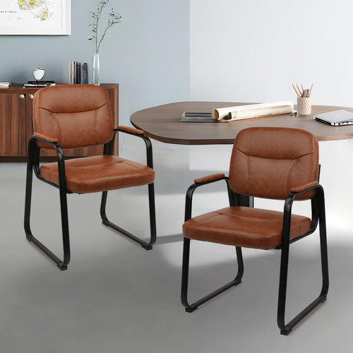 CLATINA Waiting Reception Chairs No Wheel, Leather Guest Chair with Padded Arms, Modern Brown Office Desk Chairs with Sled Base for Office Meeting Conference Room Lobby Home Living Room (4 Pack)