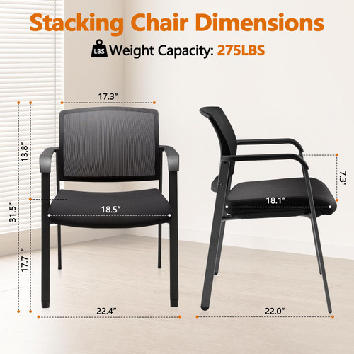 CLATINA Mesh Back Stacking Arm Chairs with Upholstered Fabric Seat and Ergonomic Lumber Support for Office School Church Guest Reception Black 4 Pack Set New Version