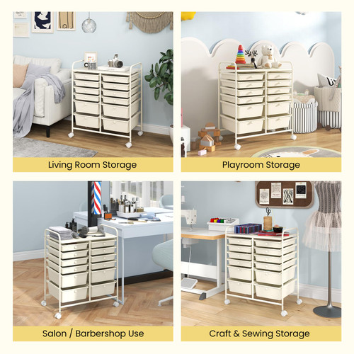 COSTWAY 12-Drawer Rolling Storage Cart, Moveable Art Craft Organizer W/Lockable Wheels, Metal Shelf, Files Arrangement Tools Makeup Storage Cart for Office, Home, School, White
