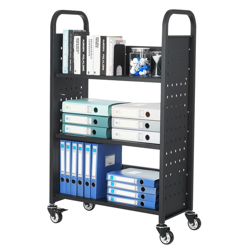 VEVOR Rolling Library Book Cart, 330 lbs Capacity, 30.3 x 15 x 48.0-Inch Library Cart, Single Sided L-Shaped Shelves with 3-Inch Lockable Wheels, Book Truck for Home Shelves Office and School, Black