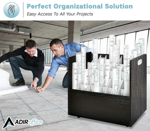 AdirOffice Adir Blue Print Storage Organizer - Mobile Roll File Cart, Construction Plan Holders, Blueprint Cabinet with Wheels, Roll Files Storage for Office and Home (50 Slots, Black)
