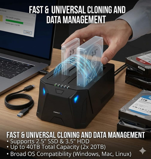 SABRENT USB 3.0 to SATA I/II/III Dual Bay External Hard Drive Docking Station for 2.5 or 3.5in HDD, SSD with Hard Drive Duplicator/Cloner Function [20+TB Support] (EC-HD2B)