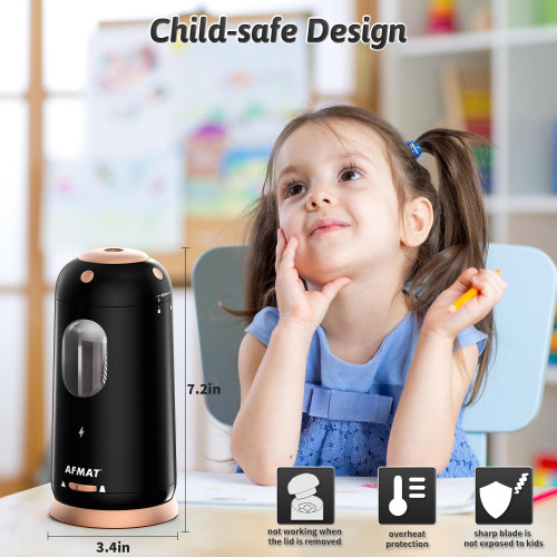 AFMAT Electric Pencil Sharpener, Auto in & Out, Fully Automatic Pencil Sharpener, Rechargeable Hands-Free Sharpeners for Jumbo & Colored Pencils (7-11.5mm), Good for Classroom/Home/Office PSC8(Black)
