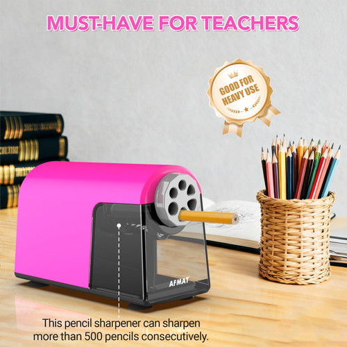 AFMAT Electric Pencil Sharpener for Classroom, 6 Holes, Cordless & Rechargeable, Fast Sharpen, Auto Stop, 10K+ Uses, Heavy Duty Pencil Sharpener for 6-11mm No.2/Large/Colored Pencils PSD2(Pink)