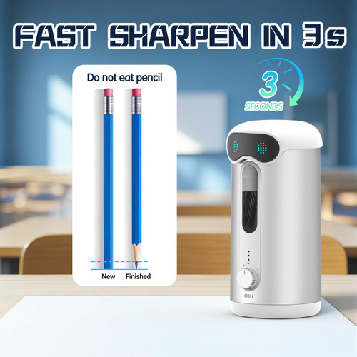 deli Electric Pencil Sharpener, Fully Automatic Pencil Sharpener for 7-11mm Colored/Jumbo Pencils, Auto in & Out, Rechargeable Hands-Free Pencil Sharpener for Classroom Home Office, Low Noise, Silver