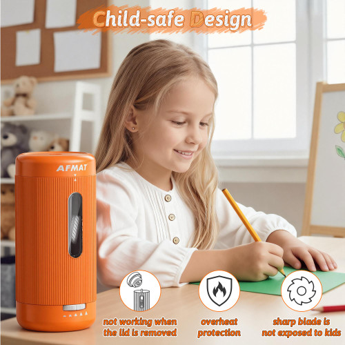 AFMAT Electric Pencil Sharpener, Auto in & Out, 5 Nibs, 7K+ Uses, Fully Automatic Pencil Sharpener for Classroom, Rechargeable Hands-Free Sharpeners for Jumbo/Colored Pencils (φ6.5-12mm) PSC3(Orange)