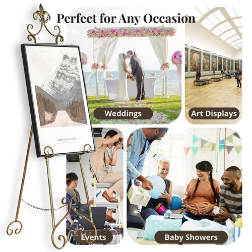 CaliDecor 60” H Vintage Easel Stand for Sign, Large Adjustable Metal Display Standing for Displaying Pictures Wedding Poster Holder Showcasing with Chain Support