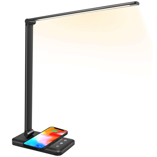 JOSTIC LED Desk Lamp with Wireless Charger, USB Charging Port, 10 Brightness, 5 Color Modes, Desk Lamps for Home Office, Dimmable Table Lamp Eye Caring Reading Light, Touch Control, Auto Timer, Black