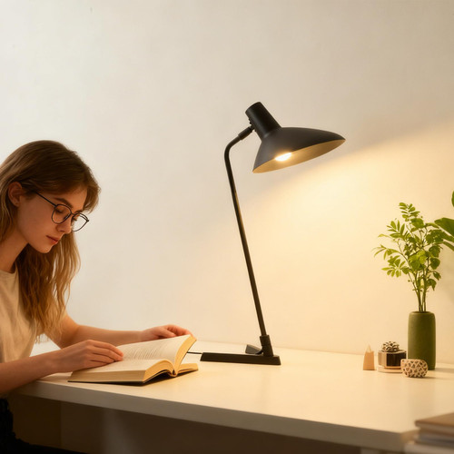 PSDSSHIIS Industrial Desk Lamp Metal Modern Table Lamp 22", Adjustable Neck (4000K) with Adjustable Switch, Ideal for Office Desk Bedroom Bedside Lamps Study Room Living Room Side Table (Sand Black)