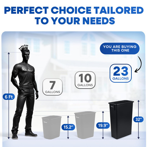 PLASTIC PRINCE 23 Gallon Slim Trash Can Kitchen, Commercial Tall Trash Bin Narrow, Rectangular Slim Jim Skinny Garbage Can for Home Garage Cabinet Restaurant, 6 Pack, Black