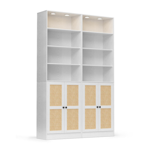 VOWNER 85.5" Tall Bookshelf with LED - Rattan Wood Door Design, 7 Tier Bookcase Set of 2, Curio Cabinets with Storage, DIY Large Bookcase for Living Room, Home