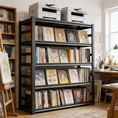 Bezuny 6-Tier Bookcase, Metal Bookshelf & Large Printer Stand,40" W x 82" H Industrial Tall Book Shelf Printer Table for Office, Home, Living Room - Adjustable Storage Rack, Easy Assembly, Black