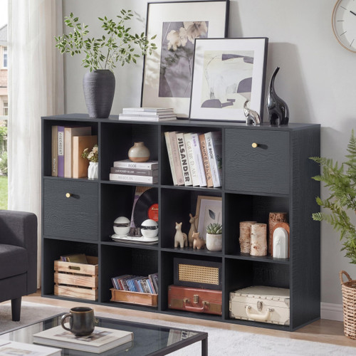 Cube Storage Organizer with 12 Open Shelf, Black Bookshelf with Storage Bins, Freestanding Book Case, Cubicle Shelf Bookcase for Bedroom Living Room Office Library, Wooden Cuby Shelves with Wood Grain