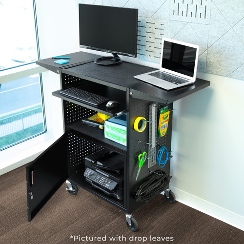 Line Leader Stellar AV Cart | Computer Cart with Pegboard Siding & 12 Hooks for Customizable Storage | Locking Cabinet & Pullout Keyboard Tray | UL Safety Certified Power Outlets | Locking Wheels 