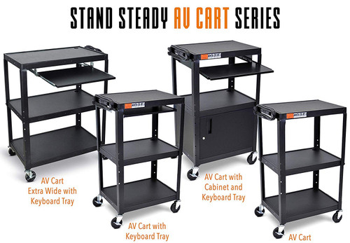 Line Leader Extra Wide Rolling AV Cart - Adjustable Shelf Height Computer Stand Workstation, Includes Pullout Keyboard Tray, Lockable Wheels, Power Cord Management (Black, 42in x 32in x 20in)