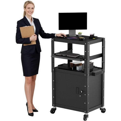 Jasdego Mobile AV Cart - Adjustable Height Computer Cart with Cabinet, Rolling Media Cart Heavy Duty with 4 Outlets & Pullout Keyboard Tray, Mobile Computer Workstation with Lock Brake Wheels