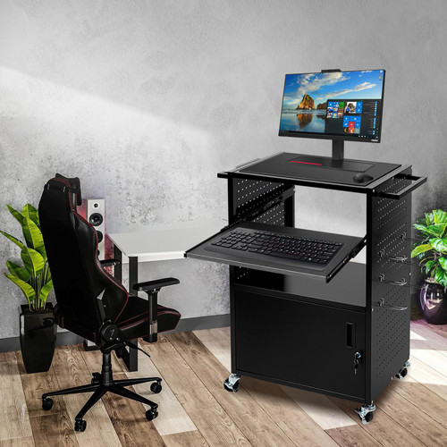 KodMtiz Mobile AV Cart with Locking Cabinet & Wheels, Heavy Duty Rolling Media Cart with Customized Pegboard & Hooks, Multipurpose Utility Cart 100lbs Load Capacity, Black