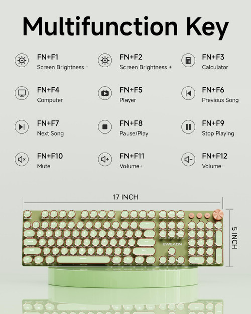 EWEADN V20 Typewriter Keyboard Wireless, 104 Keys Typewriter Style Mechanical with White Backlit, Media Knob, Pink Switch 2.4G/Bluetooth/USB-A Wired Retro Full Size Keyboard for Windows/Mac/PC-Green