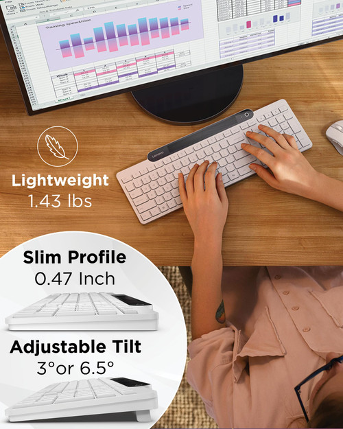 Lenovo 800 Self-Charging Bluetooth Keyboard, Uses Ambient Light for Charging, Bluetooth 5.1, Supports 3 Devices, Battery Free, Wireless, White