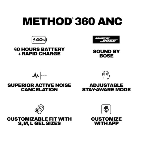 Skullcandy Method 360 ANC Wireless Earbuds, Sound by Bose, Bluetooth Headphones, Premium Noise Cancelling, Up to 40 Hrs Battery, Sweat and Water Resistant, Microphone for iPhone Android - True Black