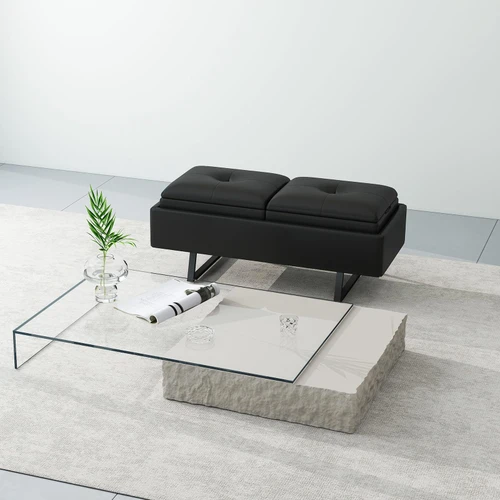 MOTION Leather Bench Waiting Room Chairs - 2 Seat Office Guest Reception Bench with Cushion, Upholered Waiting Room Bench Seating, Office Furniture Lobby Chairs for Salon, Shop, Black