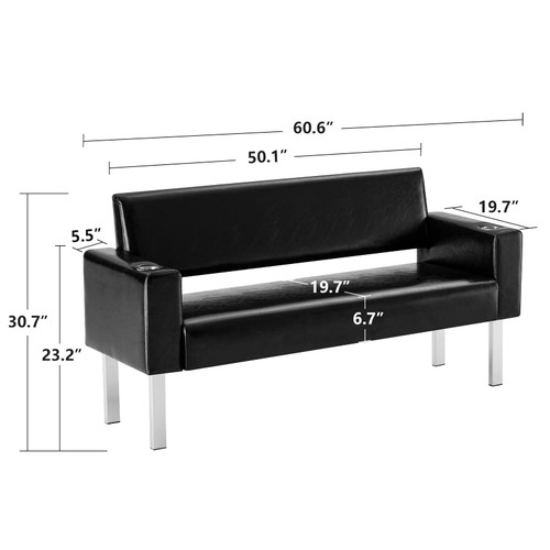 OmySalon Waiting Room Bench Seating, Salon Reception Bench Office Chair, 60.6'' Heavy Duty Guest Lobby Chair, Conference Room Chairs with 2 Cup Holder, Beauty Barber Furniture, Faux Leather