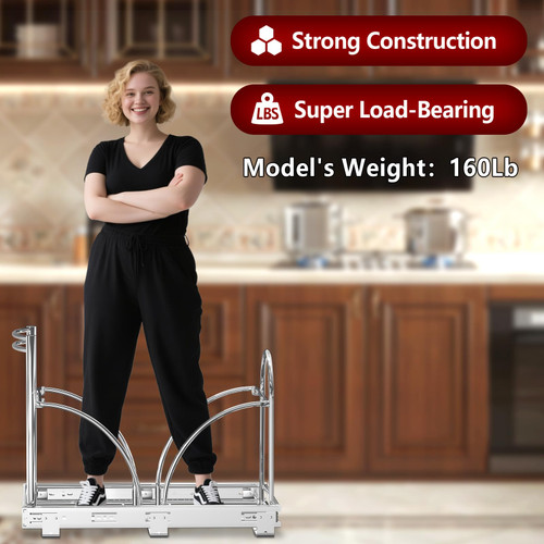Dual Under Sink Trash Can Heavy Duty Pull Out Trash Can Under Cabinet, Fits 2x35Qt (7-9 Gal) Commercial Trash Cans Cabinet Trash Bin Pull Out Kit Requires ≥ 22''Dx 16''Wx 17''H, No Can (Silver)