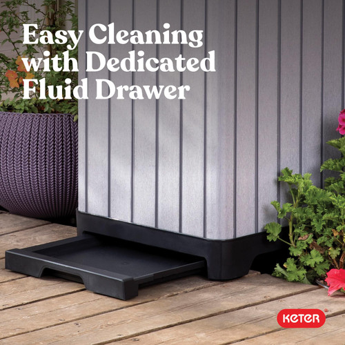 Keter Rockford Resin 38 Gallon Outdoor Kitchen Trash Can with Lid and Drip Tray for Easy Cleaning-Perfect for Patio Dining, Grey