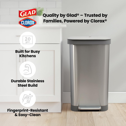 Glad Stainless Steel Step Trash Can, Series 2 with Clorox Protection - Large Metal Kitchen Garbage Bin with Soft Close Lid, Foot Pedal and Waste Bag Roll Holder, 20 Gallon