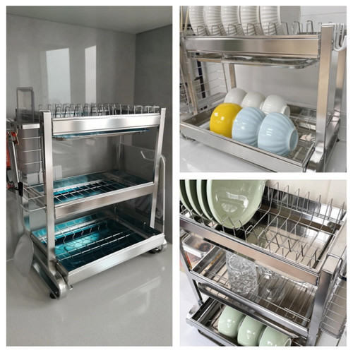 Stainless Steel 2-Tier Dish Drying Rack with Utensil Holder and Drainboard