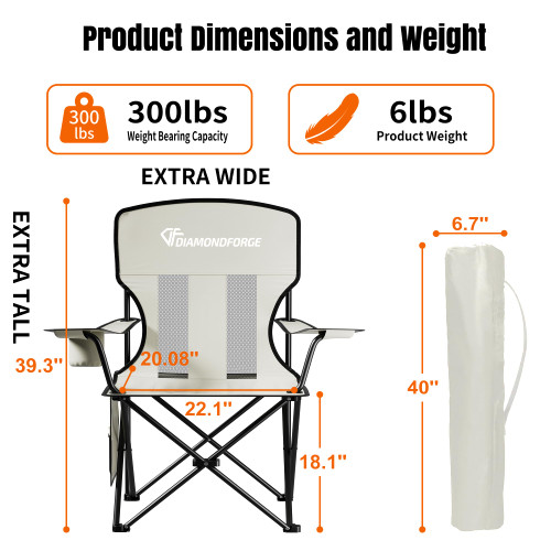 Breathable Mesh Camping Chair for Adults, 300 LBS Capacity Heavy Duty