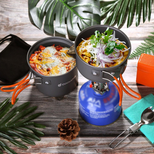 6pcs Camping Cookware Mess Kit with Lightweight Pot, Stove, Spork and Carry Mesh