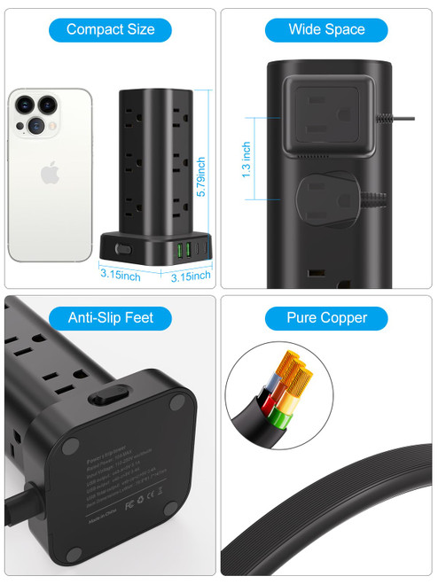 Power Strip Tower with Multiple Outlets, Flat Plug Surge Protector Tower Extension Cord with 12 AC Outlets 4 USB Ports (2 USB C)