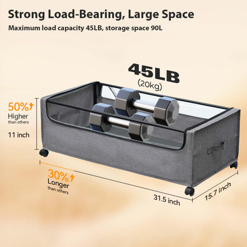 Under Bed Shoe Storage for Space Saving, Zippered Clear Lid, Heavy-Duty Steel Base for Clothes,4XL 90L