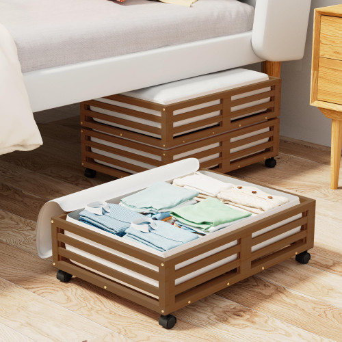 Wisuce Bamboo Under Bed Storage Containers- Underbed Organizer with Wheels with Dust Bag,Sturdy Wood Rolling Under the Bed Shoe Storage Organizer Drawers (Brwon, 2 Pack (23.62"×16.54"))