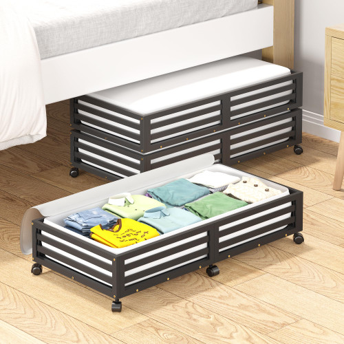 Wisuce Bamboo Under Bed Storage Containers- Underbed Organizer with Wheels with Large Dust Bag,2 Packs,Black