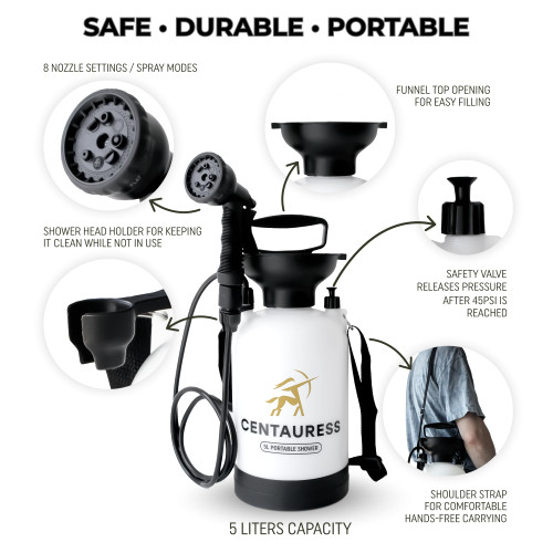 Camping Shower Pump w/ Showerhead Holder and Safety Valve (45 PSI) - Portable Shower