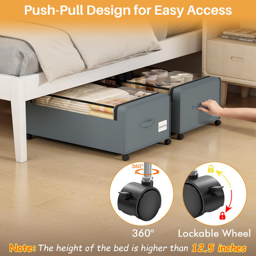Under Bed Storage Containers with Wheels for Underneath Small Spaces Dorms, Blankets (2 Pack, Grey,