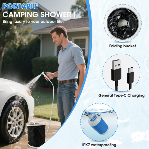 Camping Shower, Outdoor Shower Kit, Hose, Spray Gun & Folding Bucket