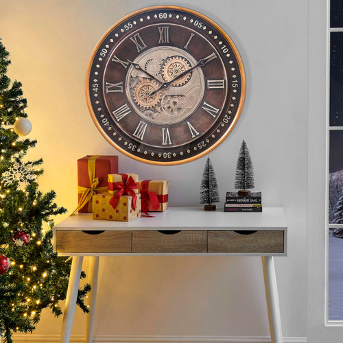 CLXEAST 24 Inch  Antique Gold Metal Roman Numeral Wall Clocks for Farmhouse Living Room Decor