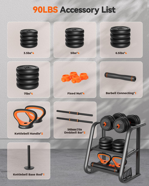 FEIERDUN Adjustable Dumbbells, 90lbs Free Weight Set with Connector, 4 in1 Dumbbells Set Used as Barbell, Kettlebells, Push up Stand, Fitness Exercises for Home Gym Suitable Men/Women