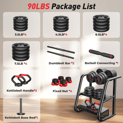 FDS1 Adjustable dumbbell set, 90lbs Free Weights set with upgraded nut, 5 in 1 Weight Set Used as Kettlebells, Barbell, Push up Stand, Fitness Exercise for Home Gym Suitable Men/Women
