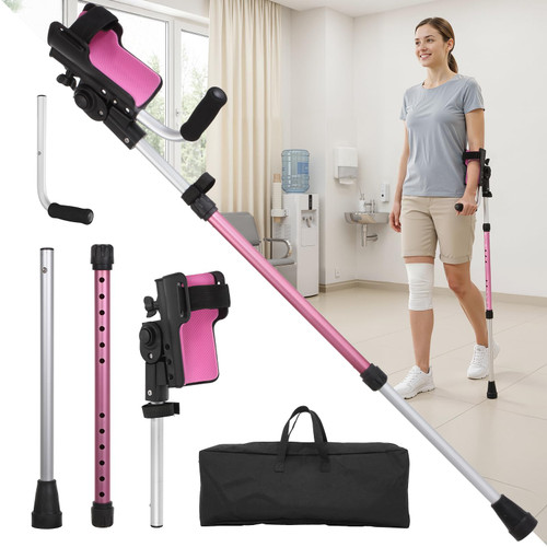 Carehofu Crutches for Adults 3-Angle Adjustable Forearm Crutches Non-Slip Handles with EVA Elbow Support, Ergonomic Forearm Crutches for Leg Injury, Surgery Recovery, Disabled, Not a Pair (Pink)