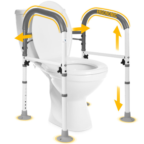 Vaunn Medical Adjustable Toilet Safety Rail for Seniors, Foldable Toilet Safety Frame for Elderly Adults, Bathroom Grab Bar Handle, Toilet Handle for Elderly & Disabled, Free-Standing (Gray)