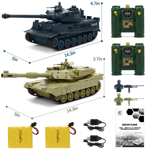 JECAURS RC Battle Tank Set 1/28 Scale Remote Control Tank with Infrared Shoot, Sounds, Lights, M1A2 Abrams & WW2 German Tiger Army Tanks Military Toy for Kids Aged 6 to 12