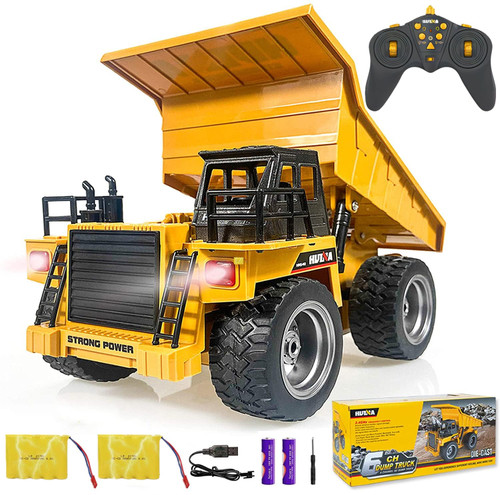kkny Remote Control Construction Dump Truck Toy 2.4G RC 6 Channel Bulldozer 4 Wheel Driver Mine Construction Alloy Metal Vehicle Truck 1:18 with 2 Rechargeable Batteries for Boys Birthday Gift Age 6+