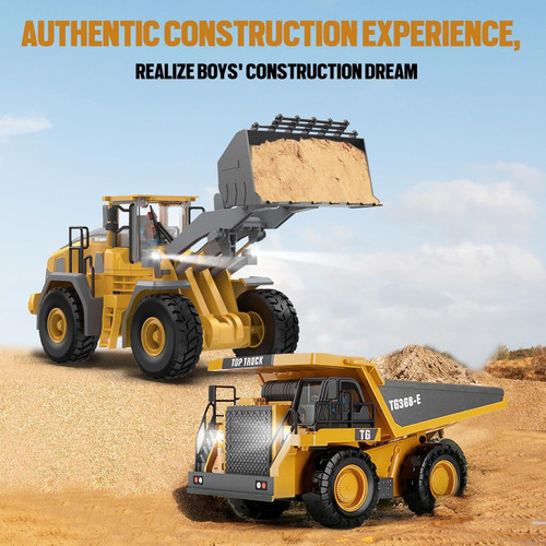ADTHLIER Remote Control Excavator (11-Channel), Dump Truck, Bulldozer, Loader (9-Channel), 2.4GHz Remote Control Construction Vehicles, Metal Construction, with Cool Lights and Sound Effects, 4-Pcs