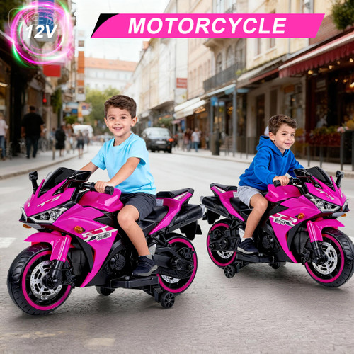 12V Electric Ride On Motorcycle for Kids, Training Wheels, Full Hand Drive Motorbike Toy, Perfect for Boys and Girls (3-8 Yrs) (Pink)